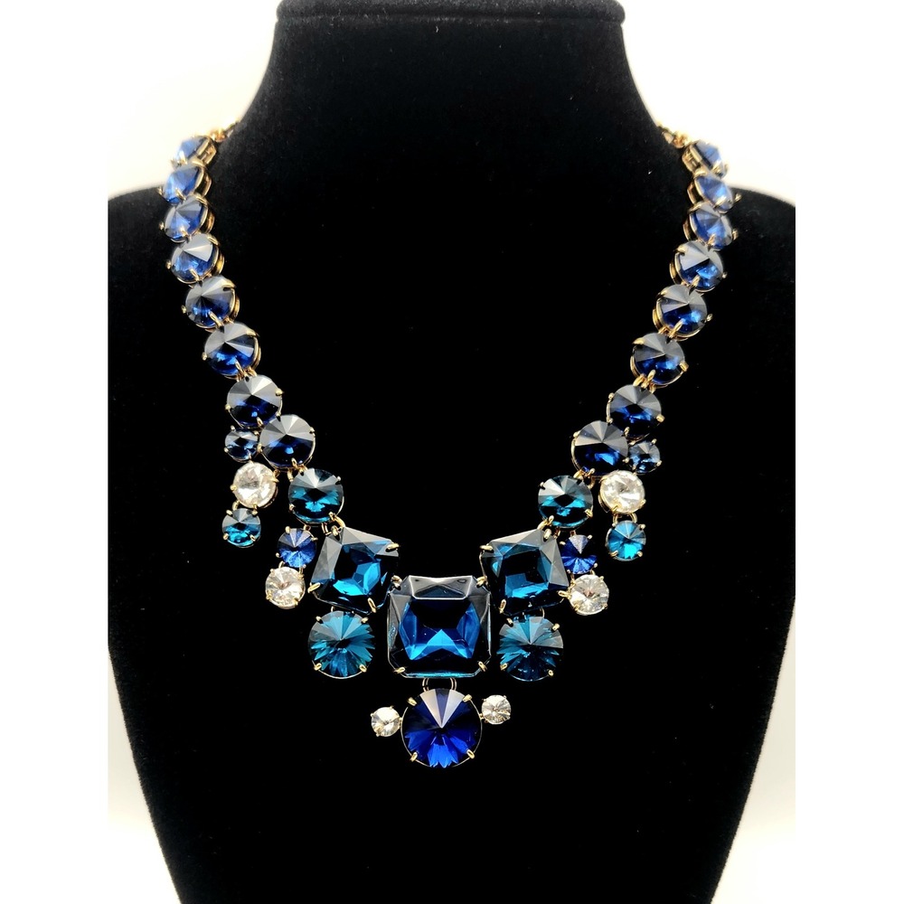 Ann Taylor Gold Tone Blue Crystal Statement Bib Necklace Toggle Closure NWT